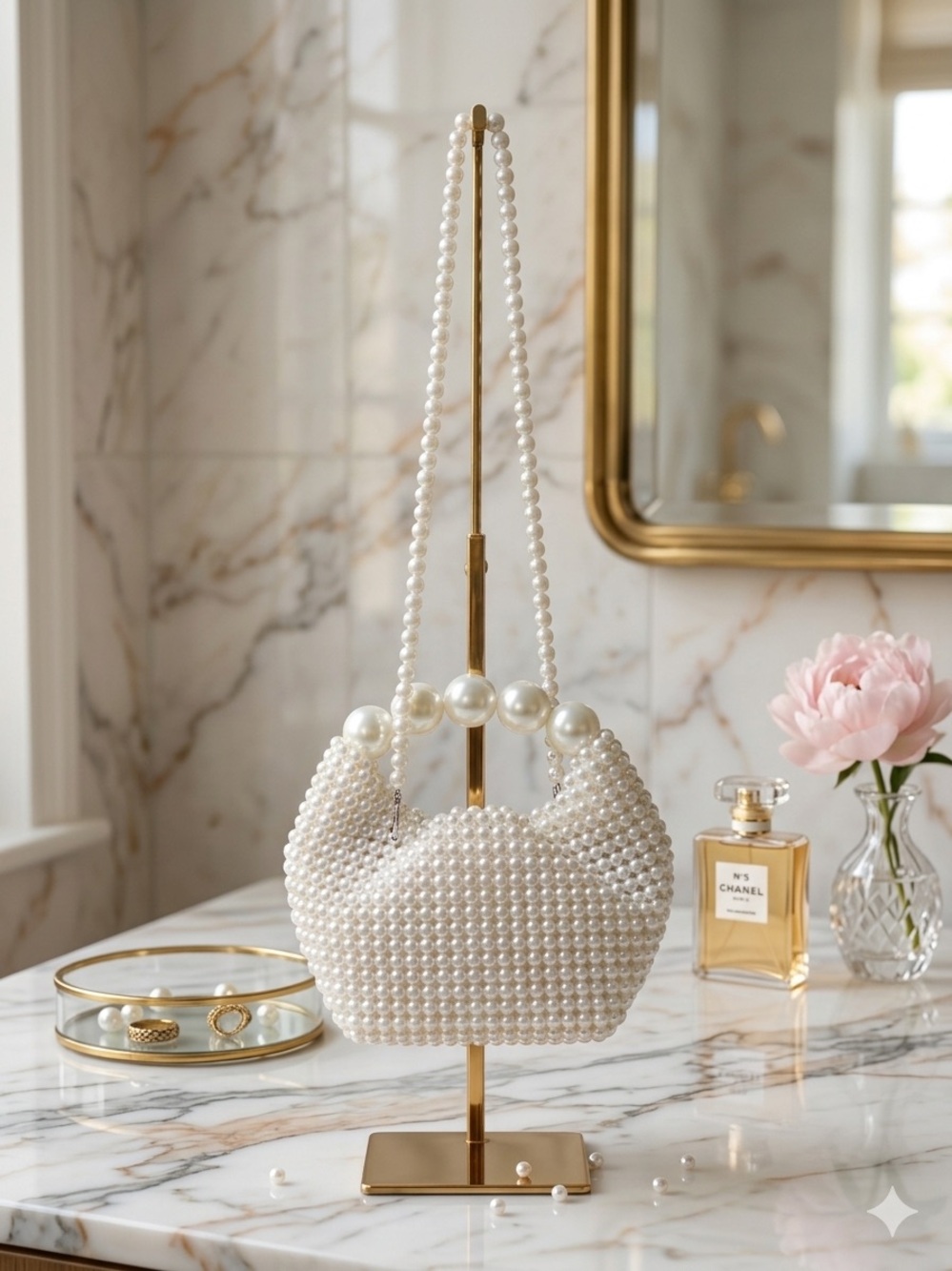 Faux Pearl Beaded Mini Tote Bag with Crossbody Chain NWT